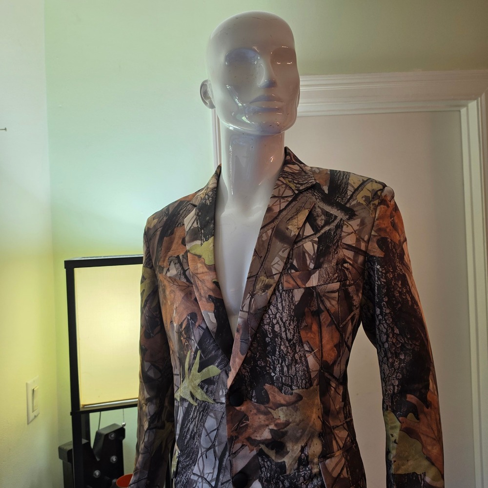 Mens Forest Camo Tree Leaf Print Blazer Jacket Two Button Single Vent Brown